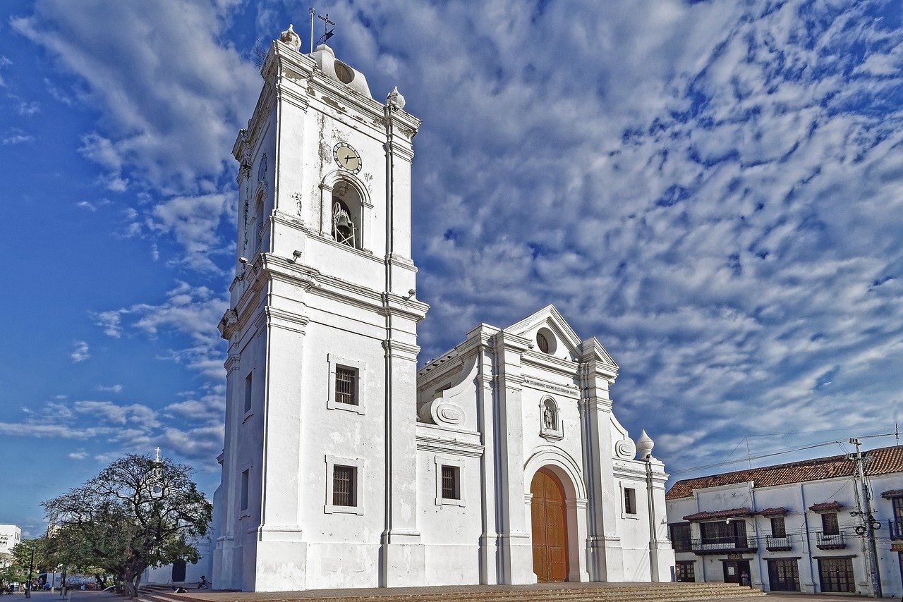 colombia, nature, santa marta, cathedral of santa marta, church, travel, building, city square, architecture, colonial style, historical, religion, heaven, clouds