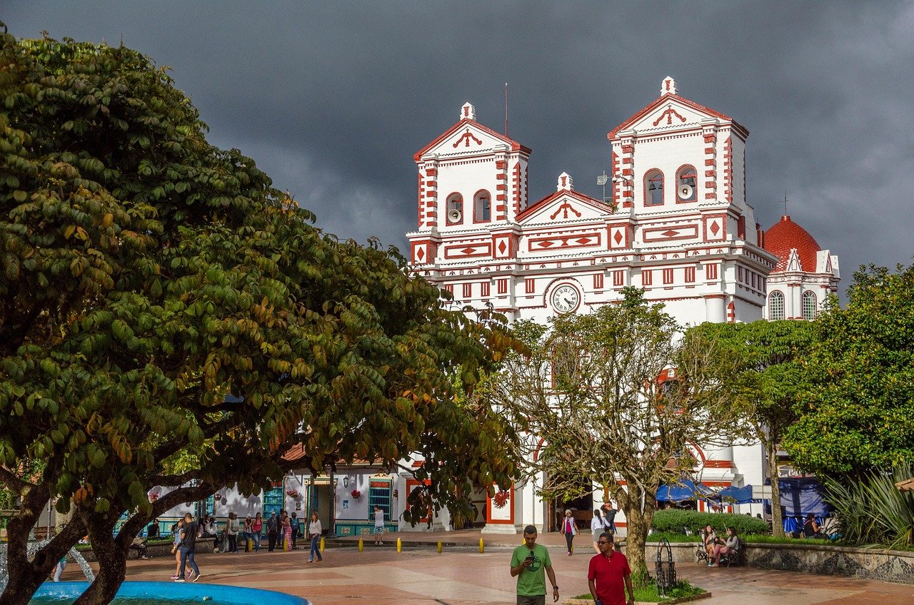 colombia, guatape, tourism, sightseeing, vacations, city, nature, cityscape, plaza, tree, church