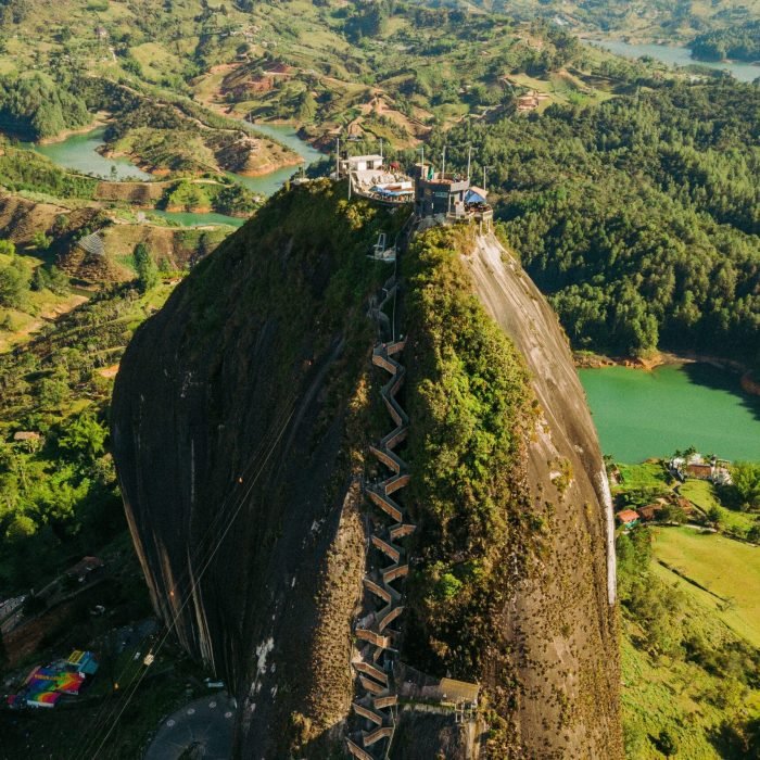 An aerial beautiful shot of Piedra El Penol, Guatape Antioquia in Colombia