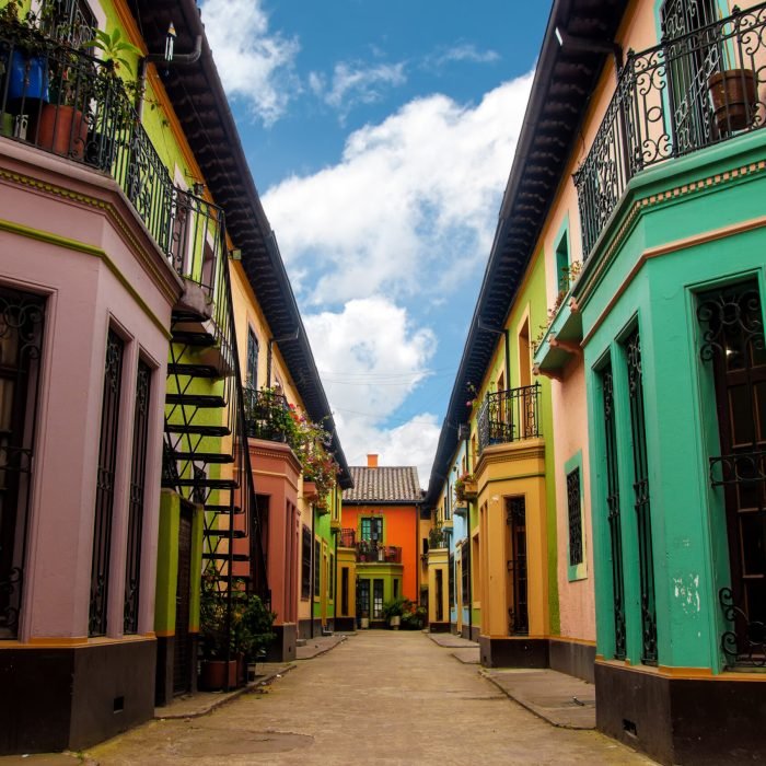 Bright colorful historic buildins in Los Martires neighborhood in Bogota, Colombia