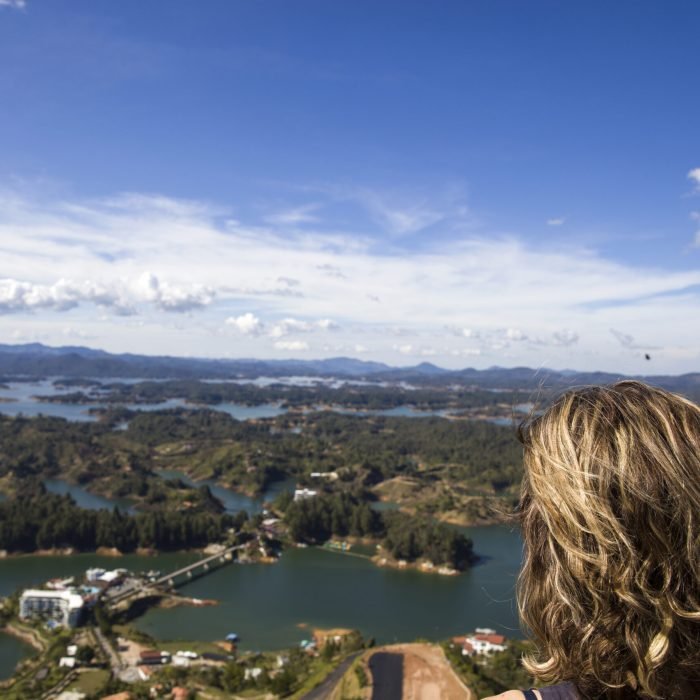 Viewat young woman at Guatape lake in Antioquia, Colombia